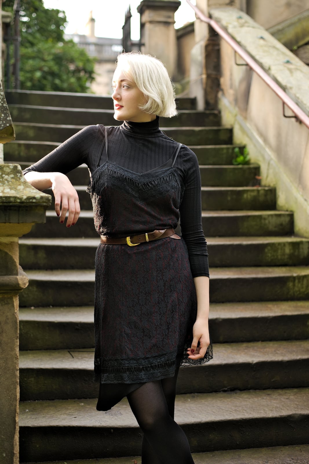 Black Lace Slip Dress Over Black Turtleneck, Close-Up Take — Classy Retro Outfits