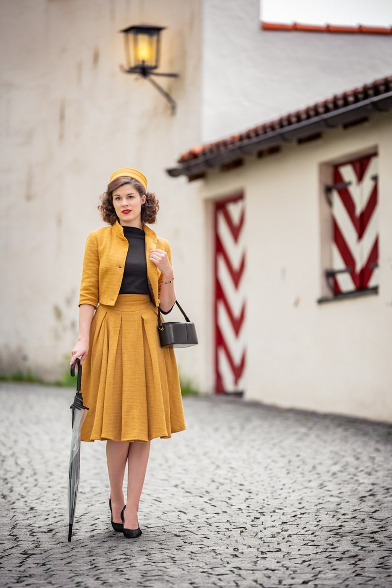 Yellow Textured Jacket and Pleated Midi Skirt Set — Classy Retro Outfits