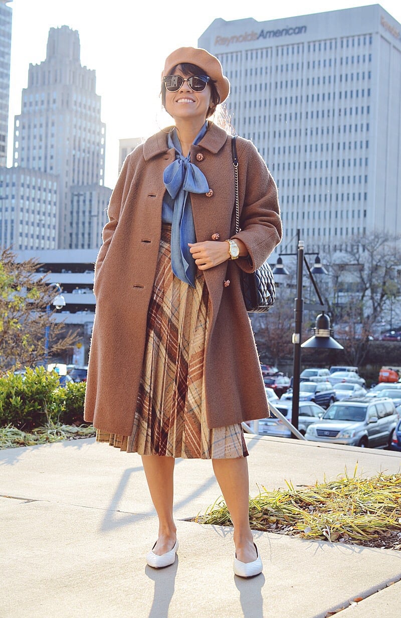 Brown Textured Coat Over Blue Bow-Neck Blouse and Plaid Skirt — Classy Retro Outfits