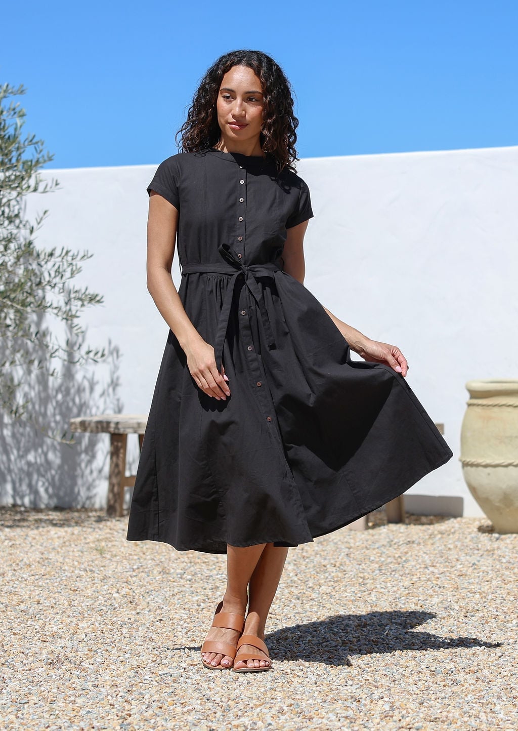 Black Button-Through Midi Dress with Belt — Classy Retro Outfits