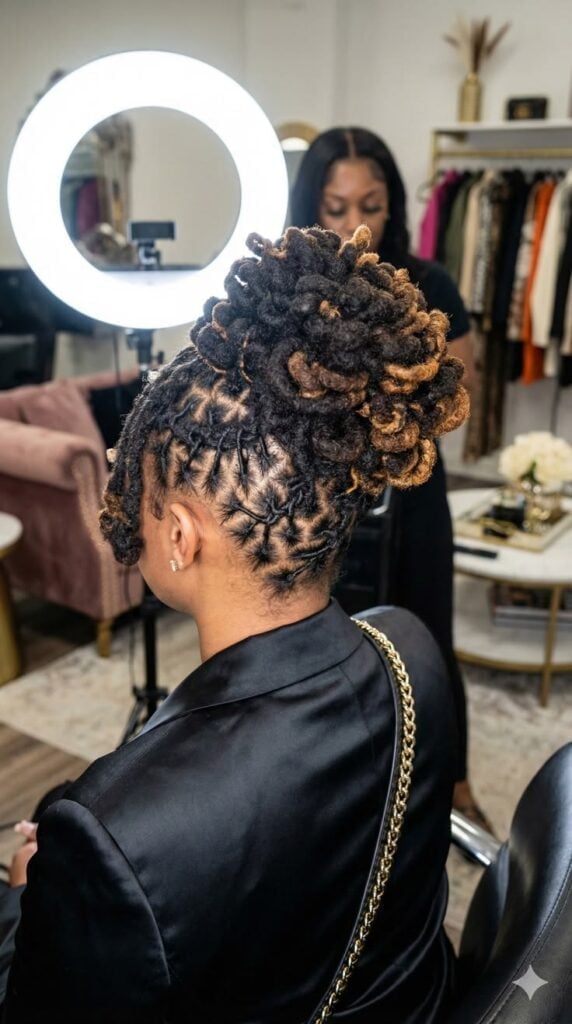 High Bun With Intricate Parting Details High Bun With Intricate Parting Details — Classy Retwist Locs