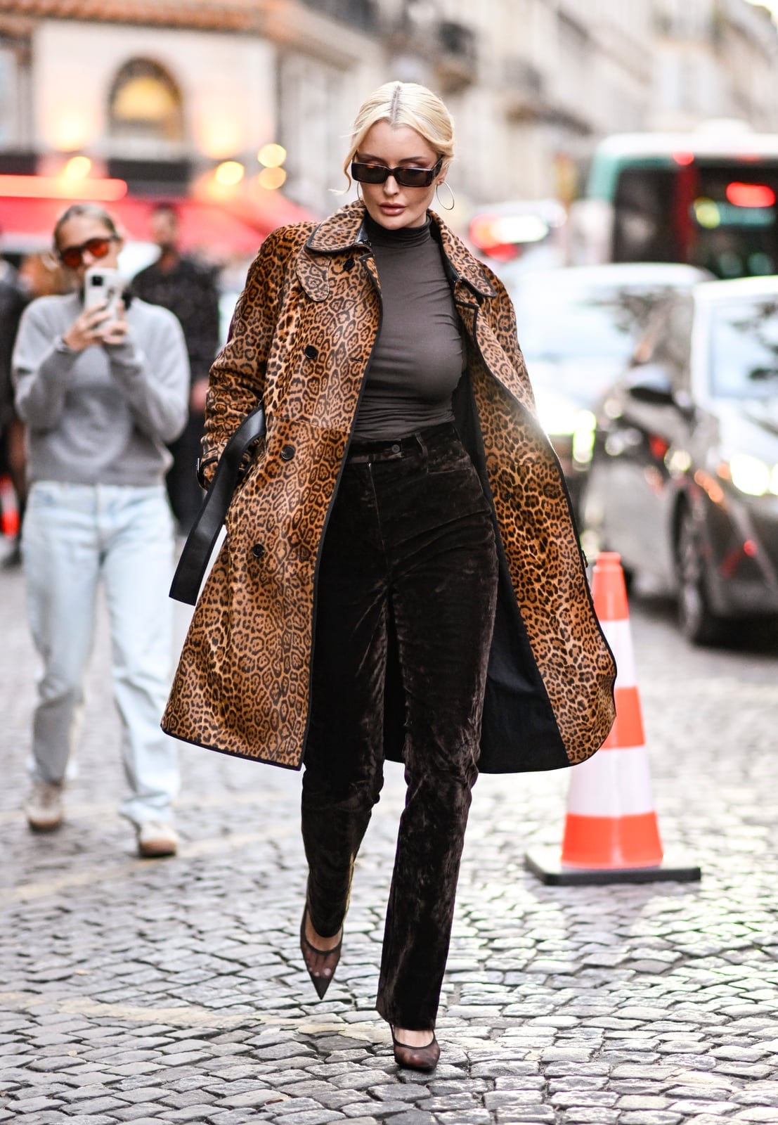Leopard Print Coat Over Gray Turtleneck and Velvet Trousers Leopard Print Coat Over Gray Turtleneck and Velvet Trousers — Classy Rich Outfits