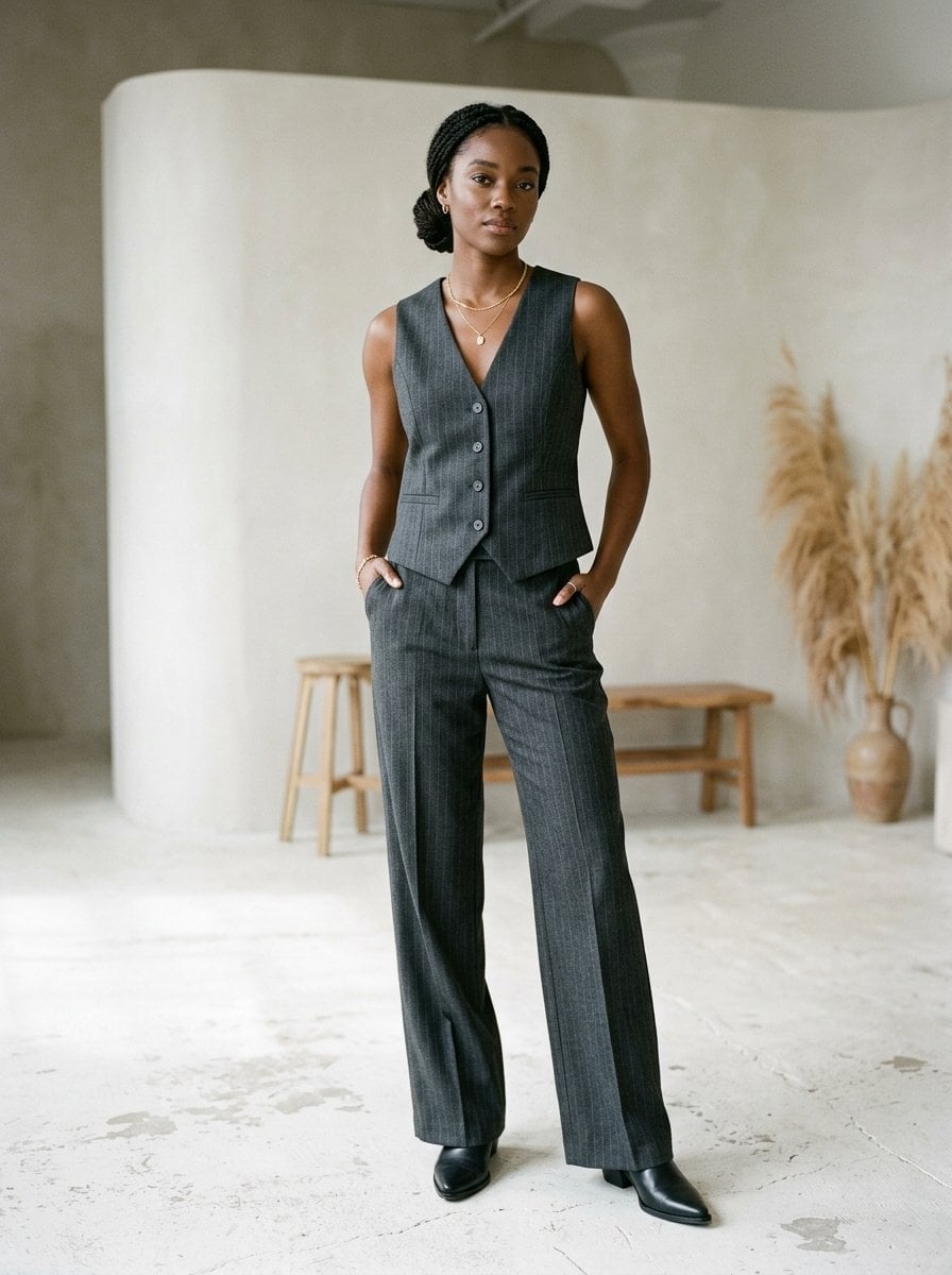 Dark Gray Pinstripe Vest and Matching Wide-Leg Trousers Dark Gray Pinstripe Vest and Matching Wide-Leg Trousers — Classy Rich Outfits