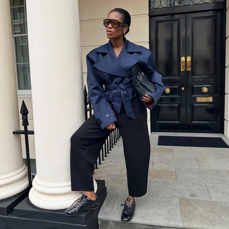 Navy Cropped Jacket Over Black Top and Wide-Leg Trousers Navy Cropped Jacket Over Black Top and Wide-Leg Trousers — Classy Rich Outfits