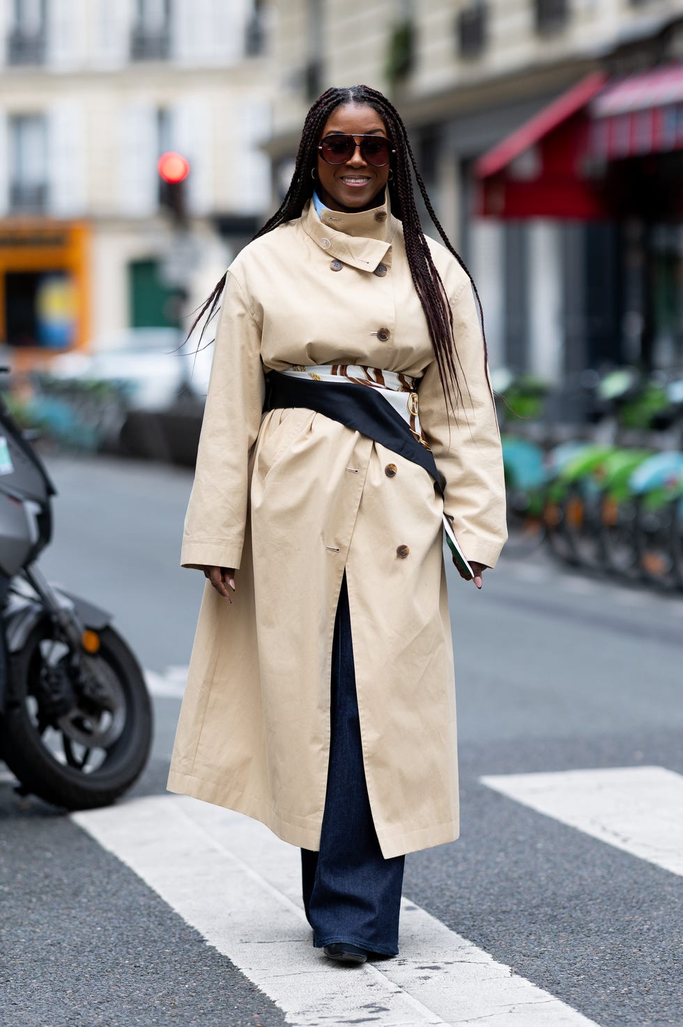 Oversized Beige Trench Coat with Obi Belt and Blue Shirt Oversized Beige Trench Coat with Obi Belt and Blue Shirt — Classy Rich Outfits