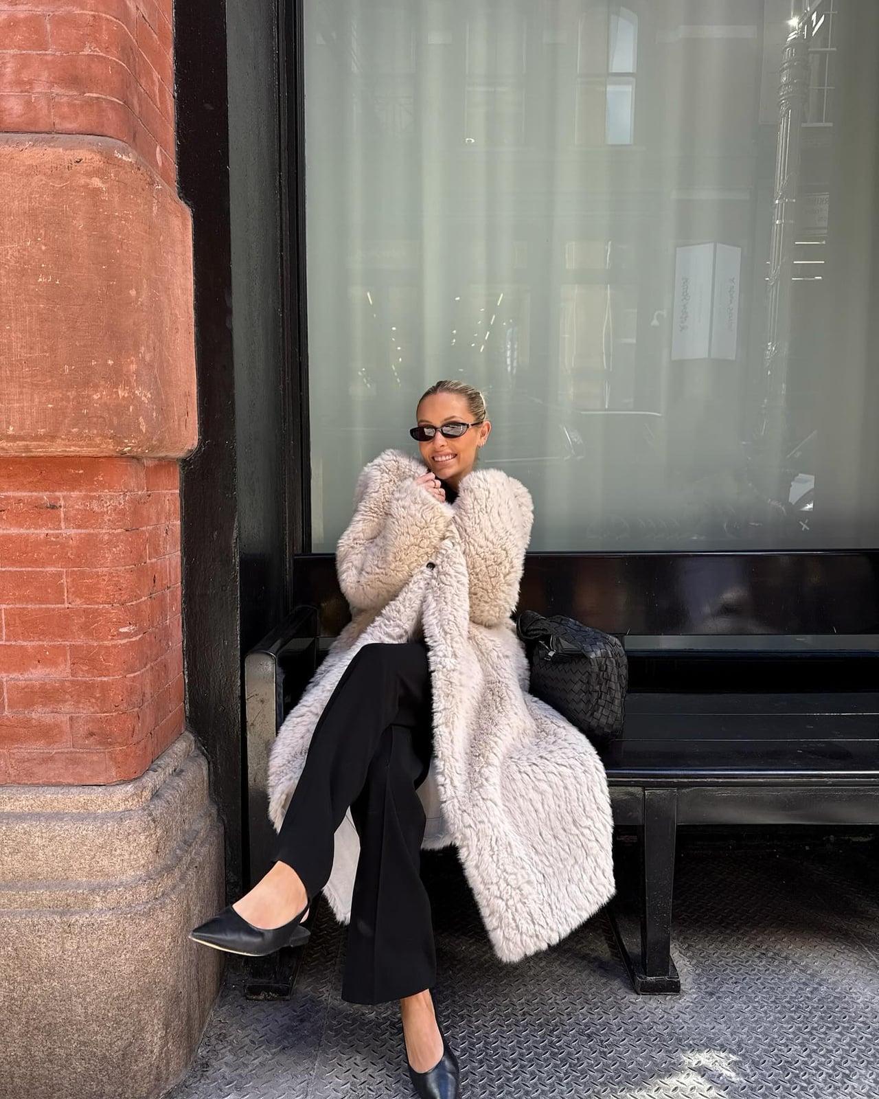 Cream Faux Fur Coat Over Black Top and Trousers Cream Faux Fur Coat Over Black Top and Trousers — Classy Rich Outfits