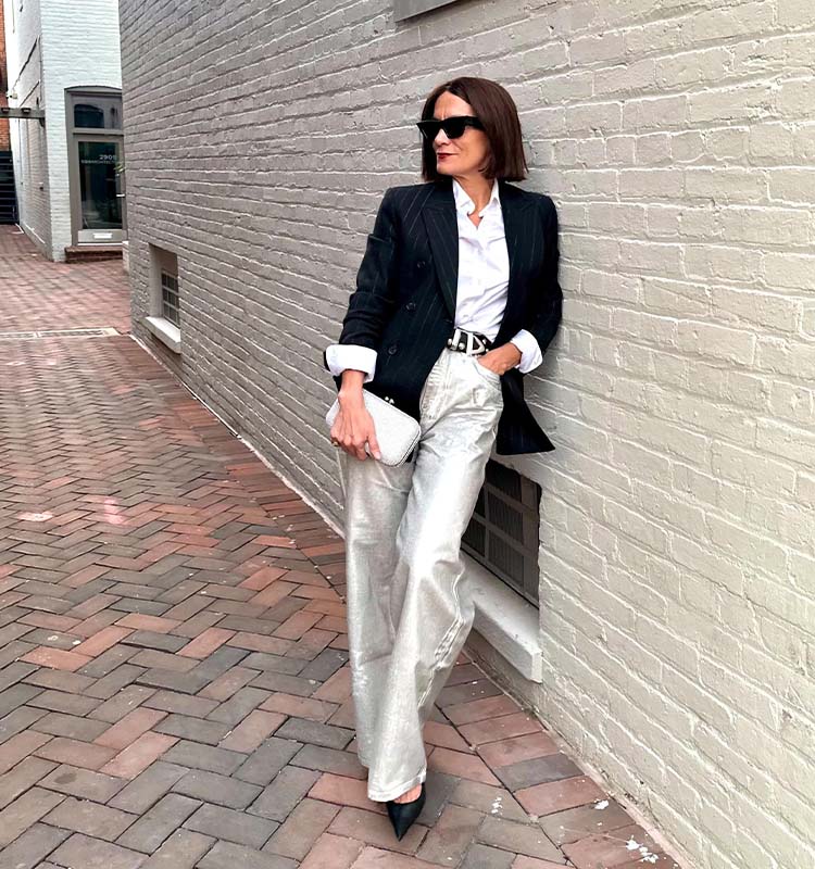 Silver Wide-Leg Metallic Trousers with Pinstripe Blazer Silver Wide-Leg Metallic Trousers with Pinstripe Blazer — Classy Rich Outfits