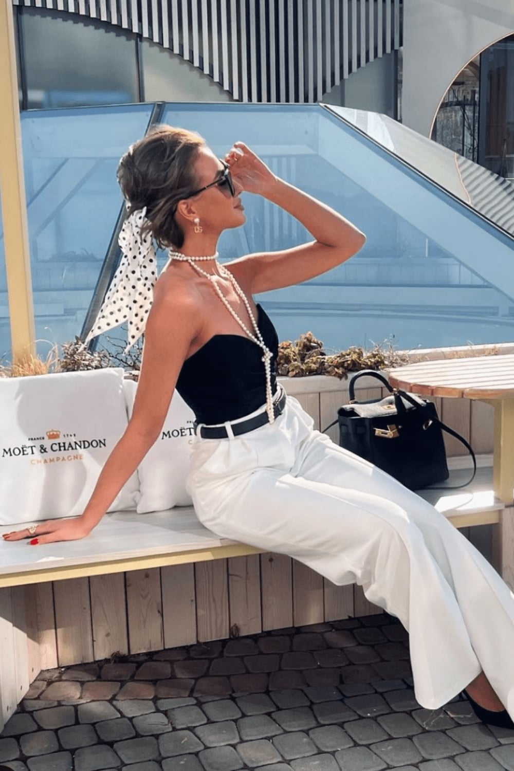 Black Off-The-Shoulder Top with Fur Trim and Wide-Leg Pants Black Off-The-Shoulder Top with Fur Trim and Wide-Leg Pants — Classy Rich Outfits