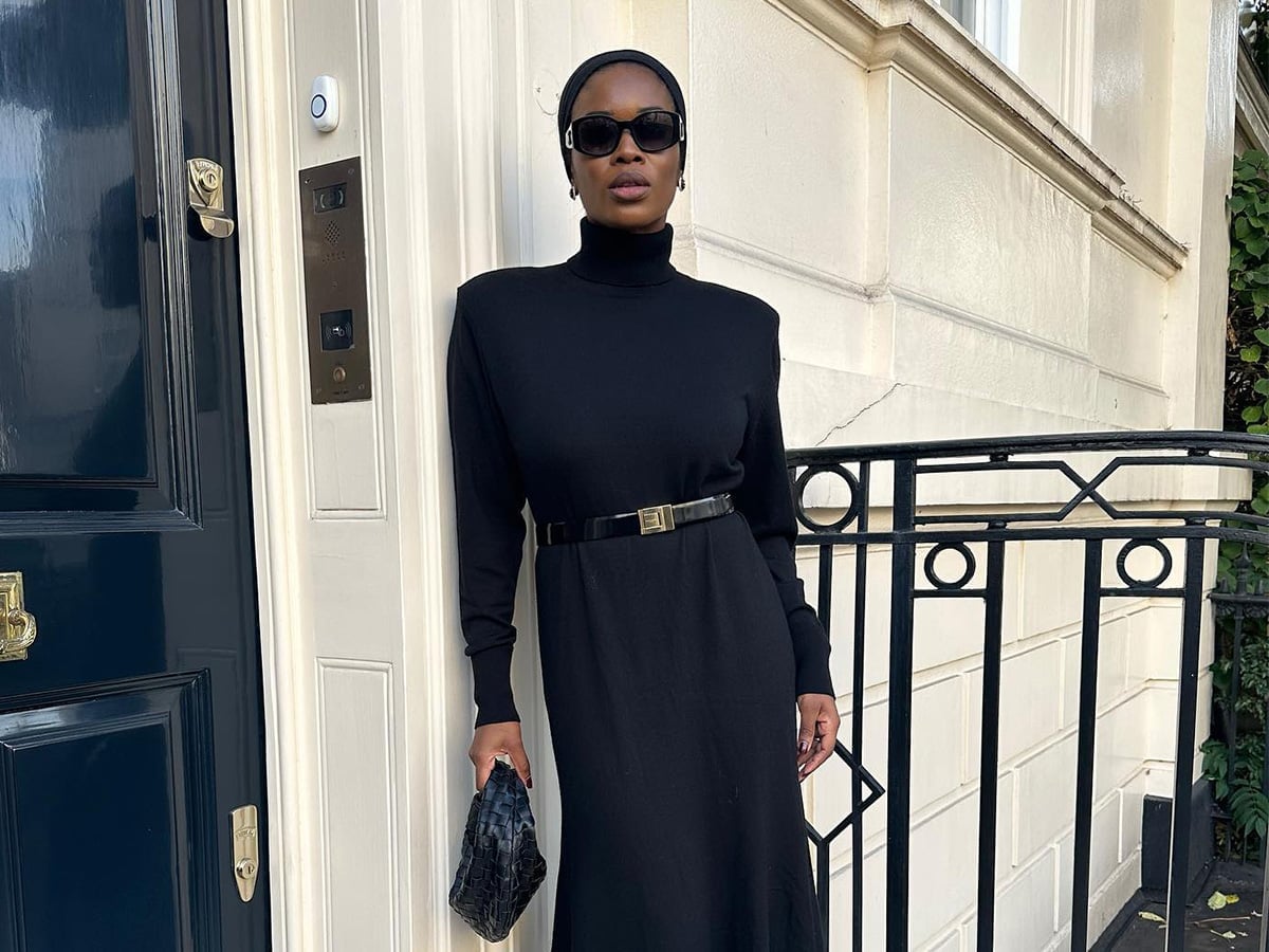 Black Turtleneck Knit Midi Dress with Sharp Shoulder Detail Black Turtleneck Knit Midi Dress with Sharp Shoulder Detail — Classy Rich Outfits