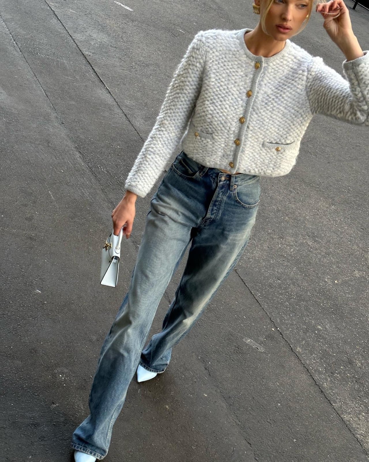 Gray Textured Knit Cardigan Over White Top and Wide-Leg Jeans Gray Textured Knit Cardigan Over White Top and Wide-Leg Jeans — Classy Rich Outfits
