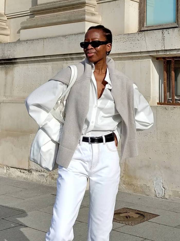 White Silk Button-Down Shirt with Sweater Draping White Silk Button-Down Shirt with Sweater Draping — Classy Rich Outfits