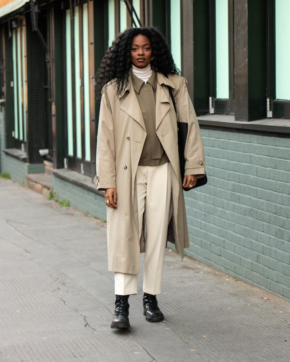 Long Beige Trench Coat with Cream Trousers and Chunky Boots Long Beige Trench Coat with Cream Trousers and Chunky Boots — Classy Rich Outfits