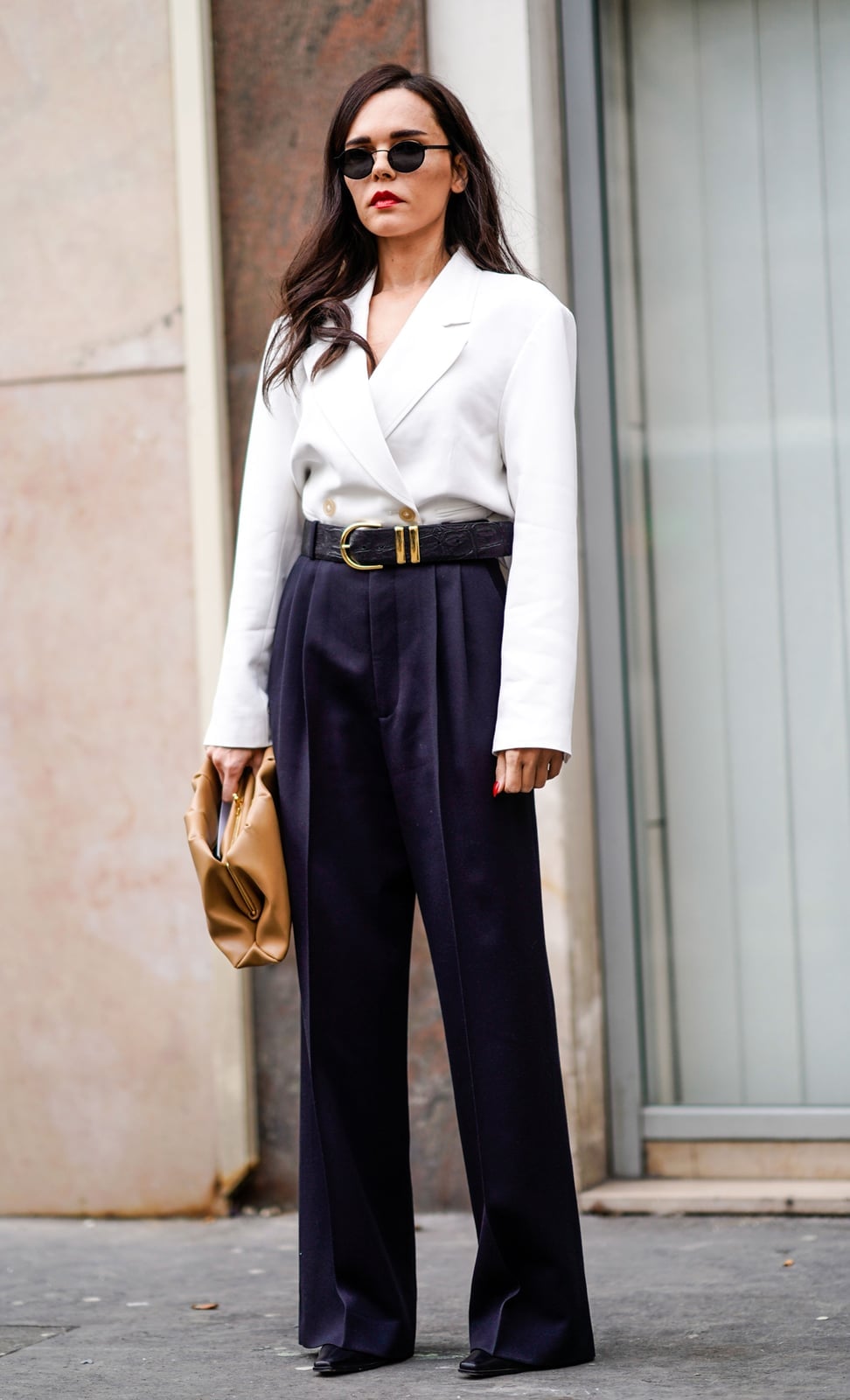 White Double-Breasted Blazer with Navy Wide-Leg Trousers White Double-Breasted Blazer with Navy Wide-Leg Trousers — Classy Rich Outfits