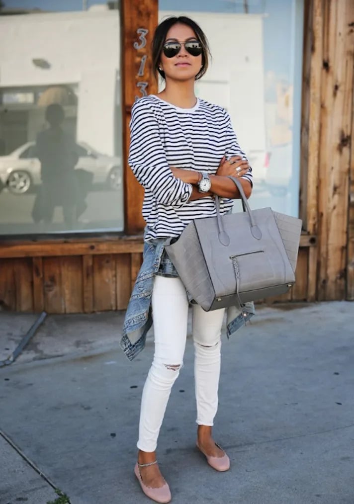 Ripped White Skinny Jeans with Striped Top and Ballet Flats Ripped White Skinny Jeans with Striped Top and Ballet Flats — Classy Ripped Jeans Outfits