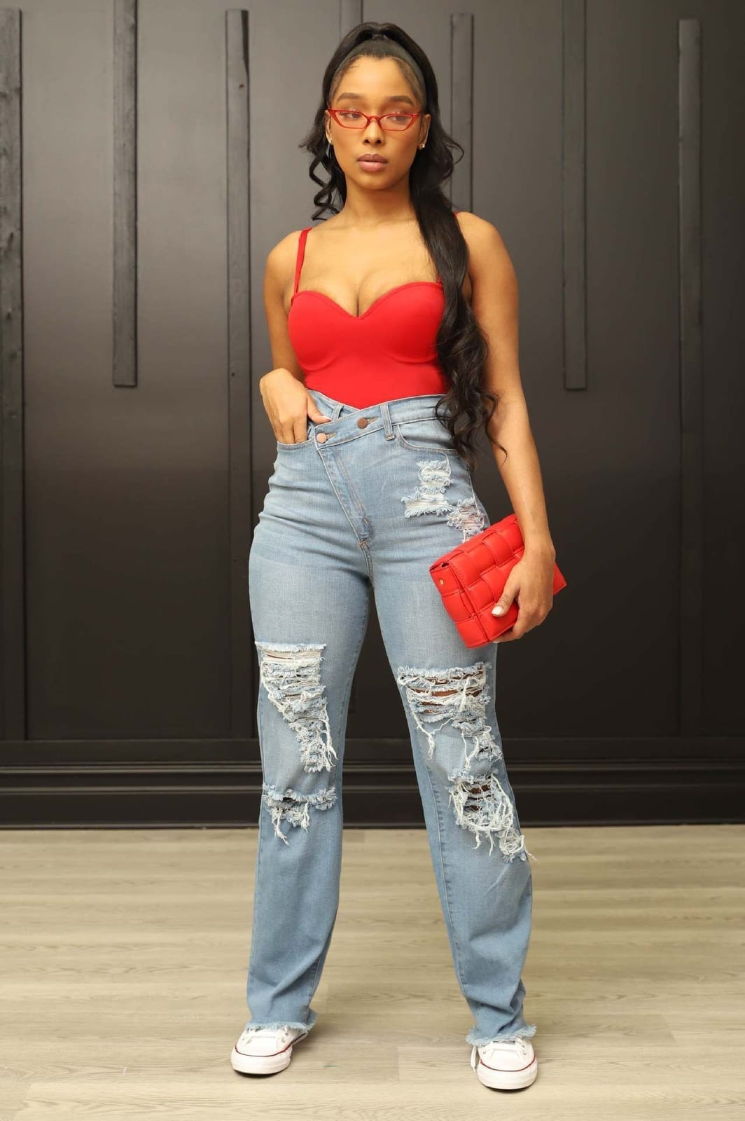 Heavily Ripped Straight-Leg Jeans with Red Bodysuit and White Sneakers Heavily Ripped Straight-Leg Jeans with Red Bodysuit and White Sneakers — Classy Ripped Jeans Outfits