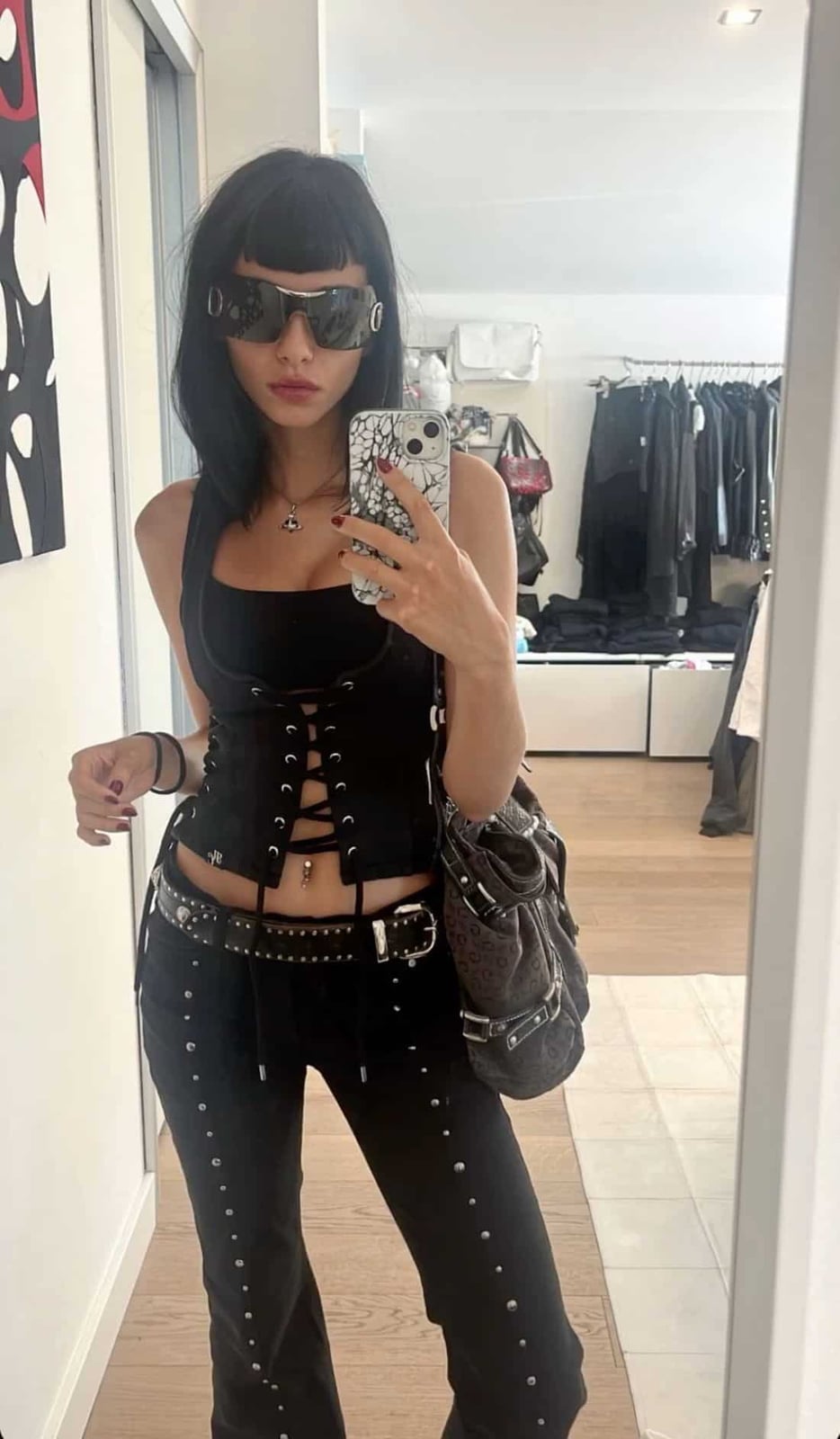 Lace-Up Corset Top With Studded Pants — Classy Rock Concert Outfits