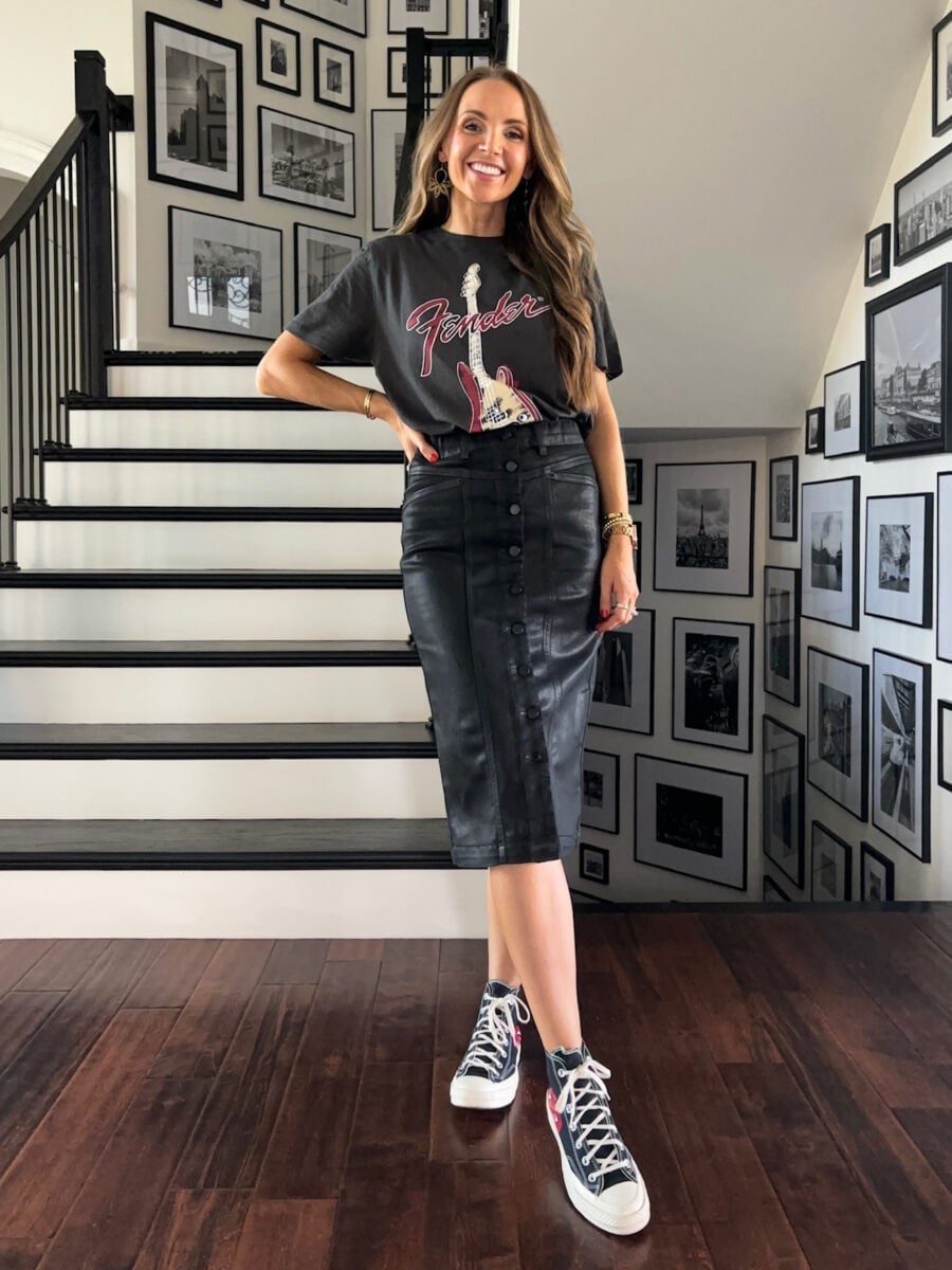 Band T-Shirt With Faux Leather Pencil Skirt — Classy Rock Concert Outfits