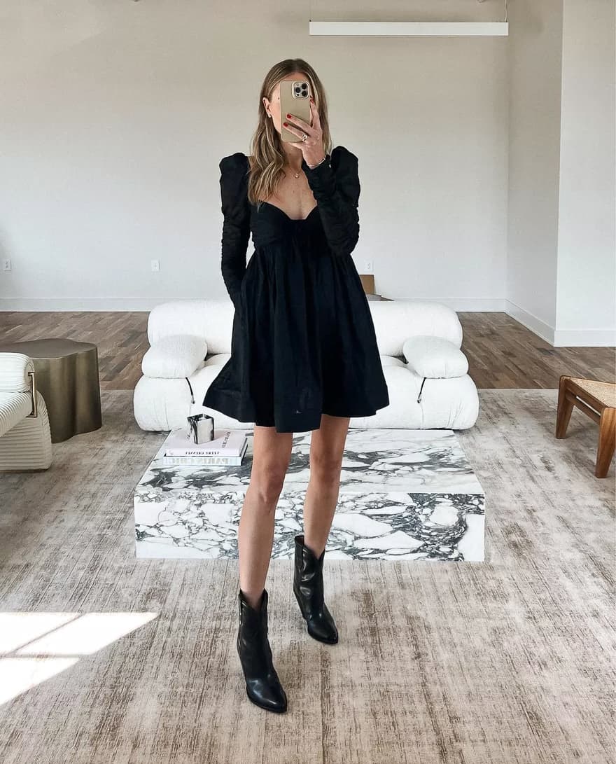 Puff Sleeve Mini Dress With Cowboy Boots — Classy Rock Concert Outfits