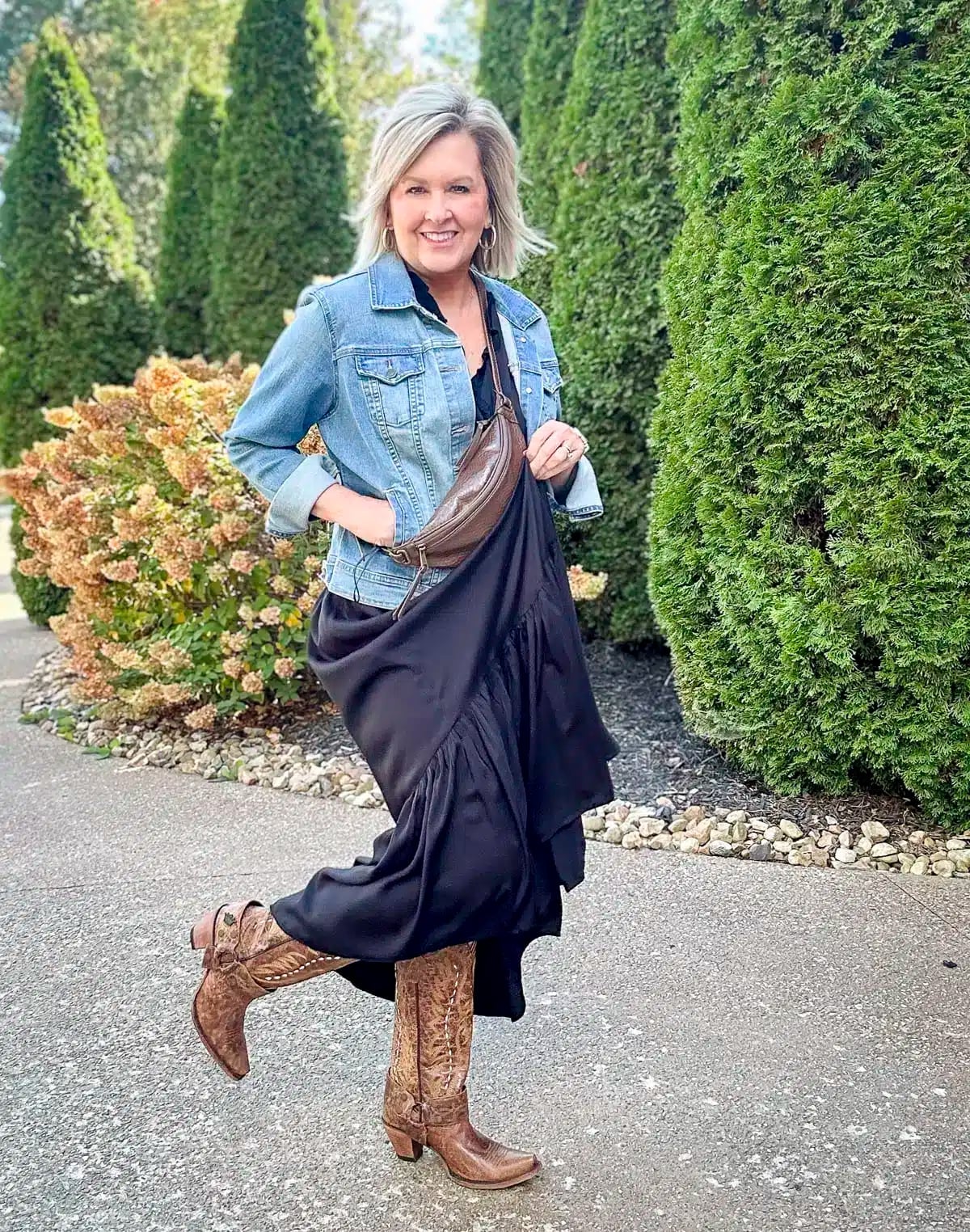 Denim Jacket Over Lace Trim Maxi Dress — Classy Rock Concert Outfits