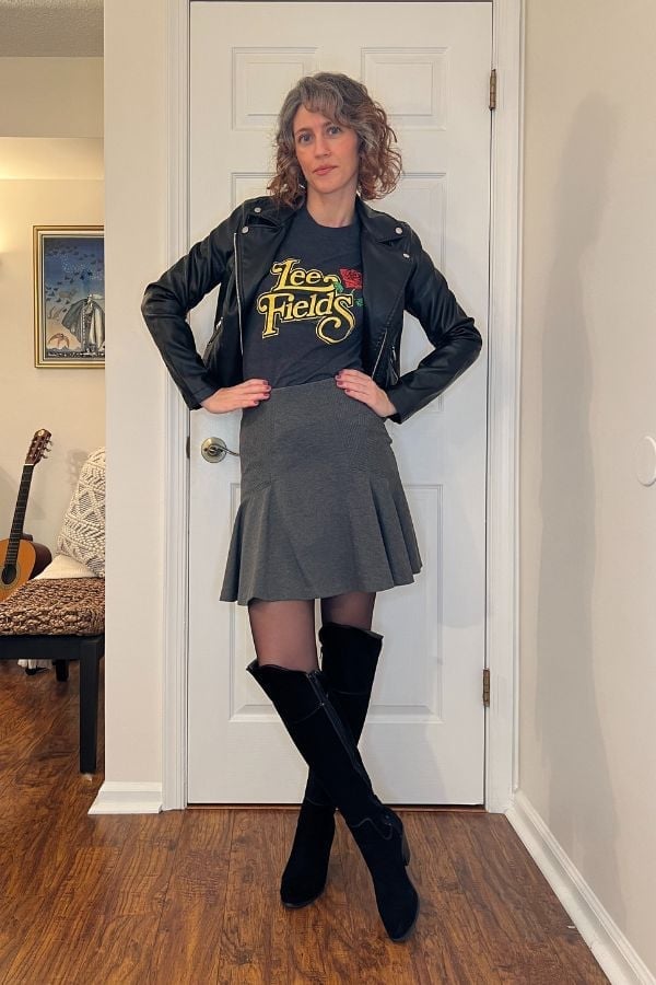 Moto Jacket With Flared Skirt And Over-the-Knee, Office-Safe Version — Classy Rock Concert Outfits