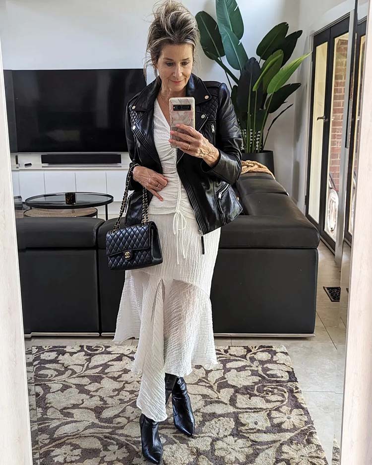 White Ruched Dress With Leather Jacket — Classy Rock Concert Outfits