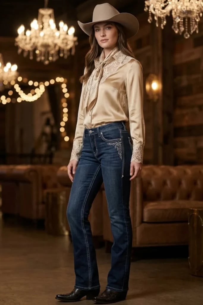 Gold Satin Blouse with Pussy-Bow Tie Pairs with Dark Denim Gold Satin Blouse with Pussy-Bow Tie Pairs with Dark Denim — Classy Rodeo Outfits for Women