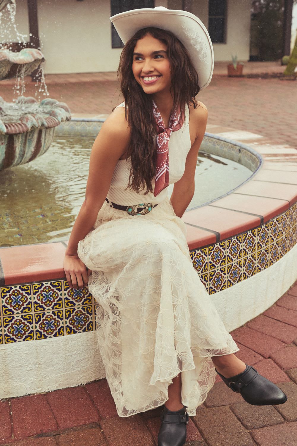 White Lace Skirt and Tank Top with a Red Scarf and Black Ankle Boots White Lace Skirt and Tank Top with a Red Scarf and Black Ankle Boots — Classy Rodeo Outfits for Women