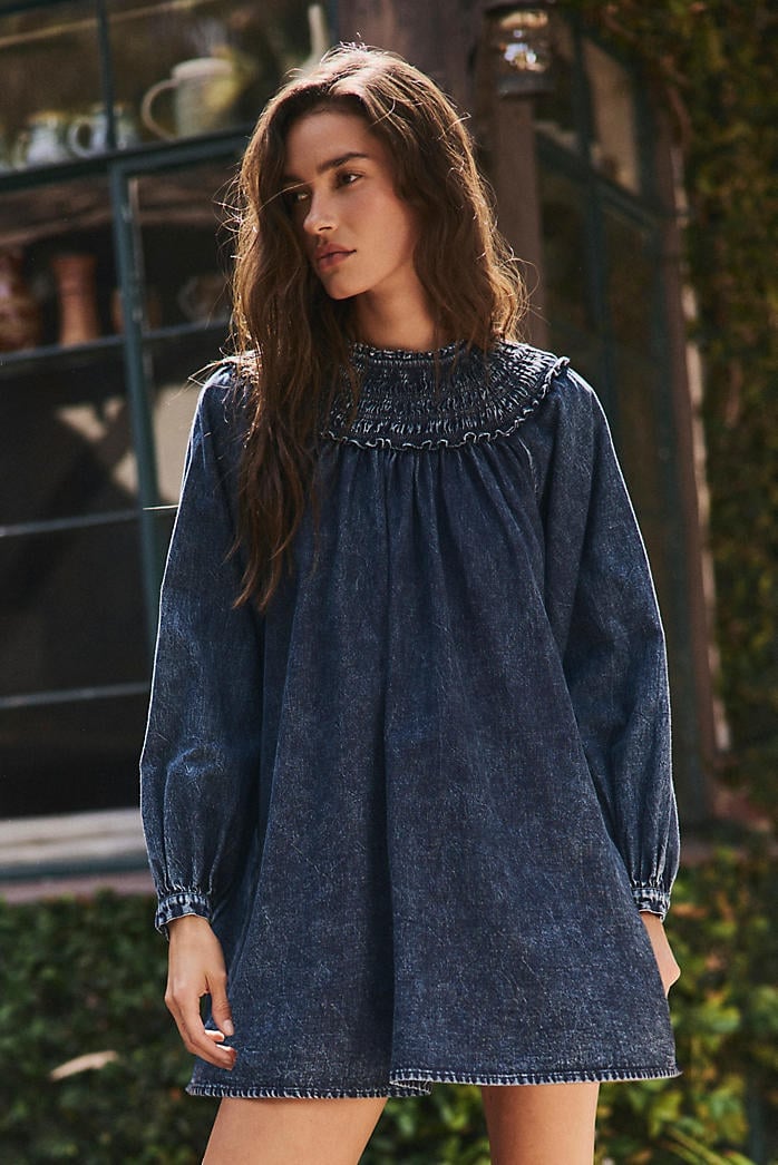 Blue Denim Dress with Smocked Neckline and A-Line Silhouette Blue Denim Dress with Smocked Neckline and A-Line Silhouette — Classy Rodeo Outfits for Women