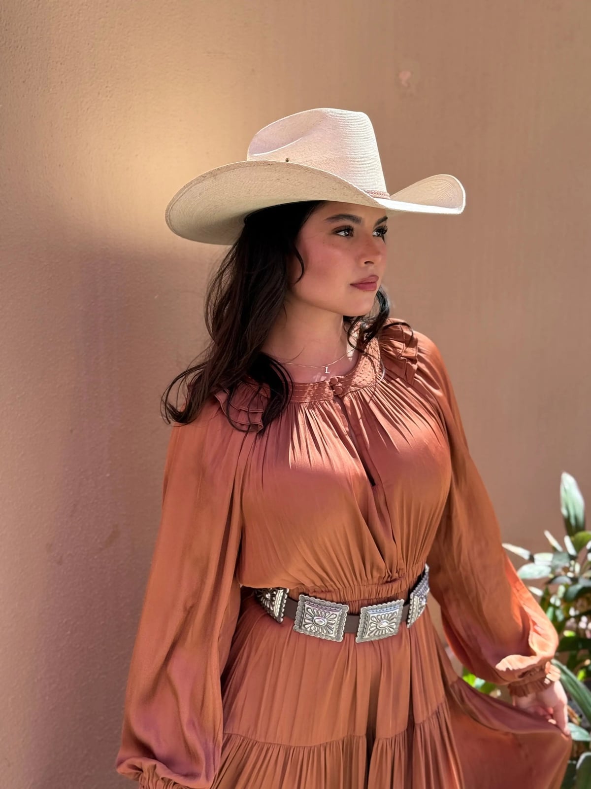 Rust Satin Midi Dress with Tiered Detailing and Ornate Western Belt Rust Satin Midi Dress with Tiered Detailing and Ornate Western Belt — Classy Rodeo Outfits for Women