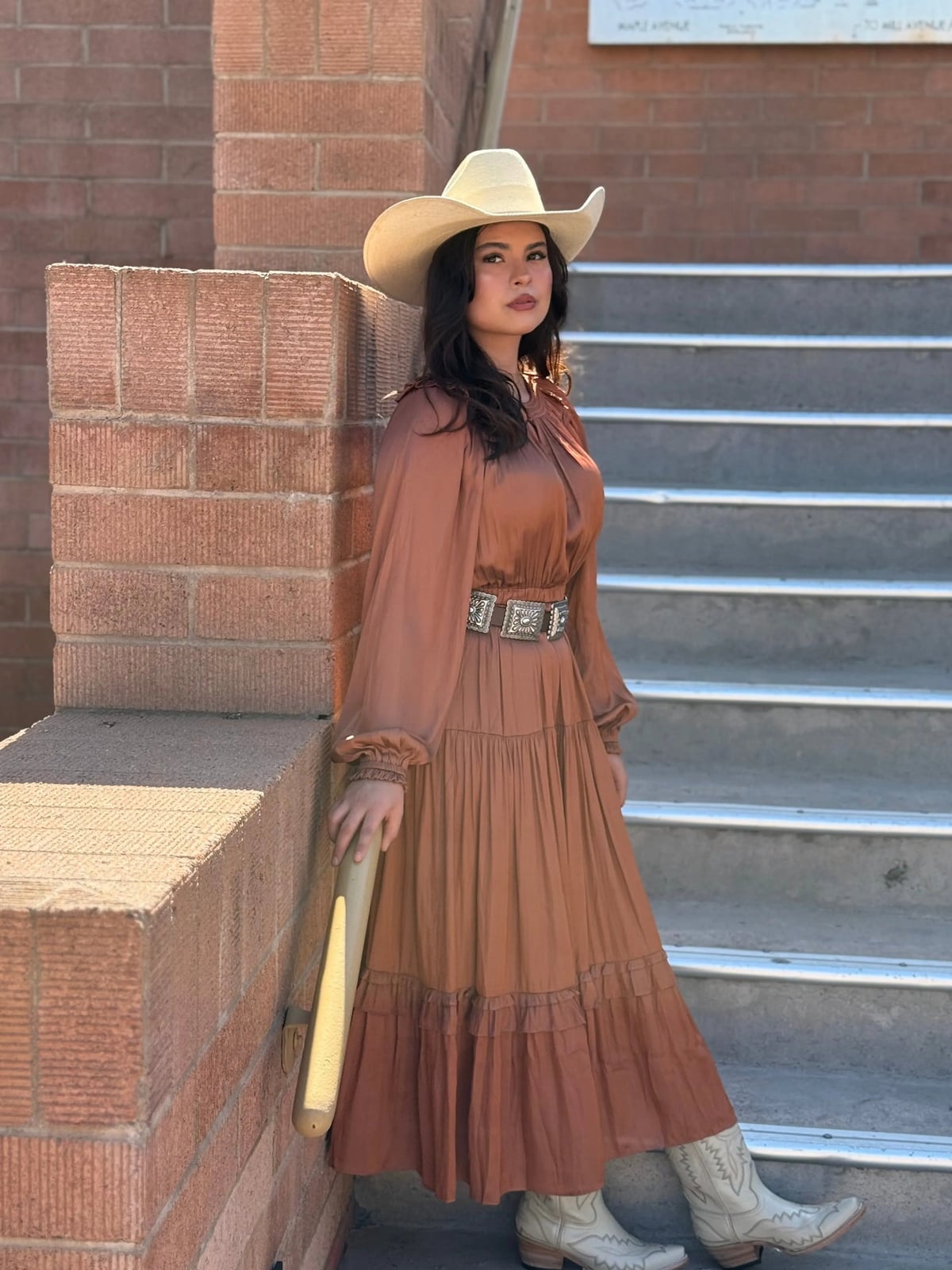 Rust Satin Midi Dress with Embellished Belt and White Cowboy Boots Rust Satin Midi Dress with Embellished Belt and White Cowboy Boots — Classy Rodeo Outfits for Women