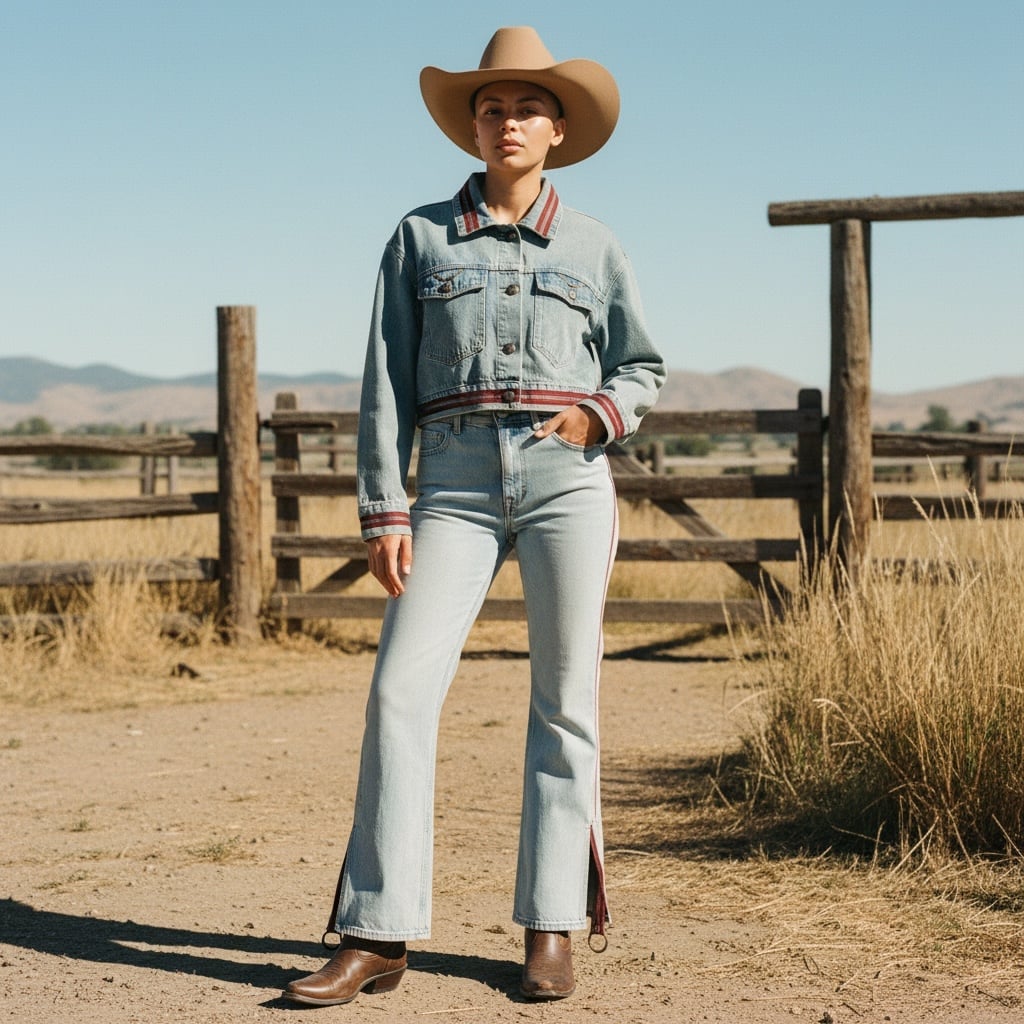 Denim Jacket and Jeans with Striped Cuffs Offer a Coordinated Look Denim Jacket and Jeans with Striped Cuffs Offer a Coordinated Look — Classy Rodeo Outfits for Women