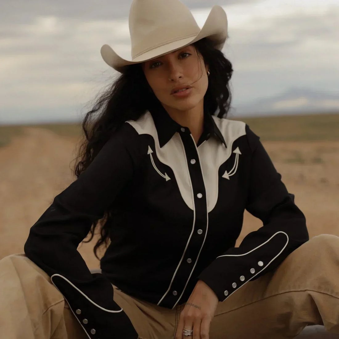 Black Western Shirt with White Contrast Stitching and Embroidery Black Western Shirt with White Contrast Stitching and Embroidery — Classy Rodeo Outfits for Women