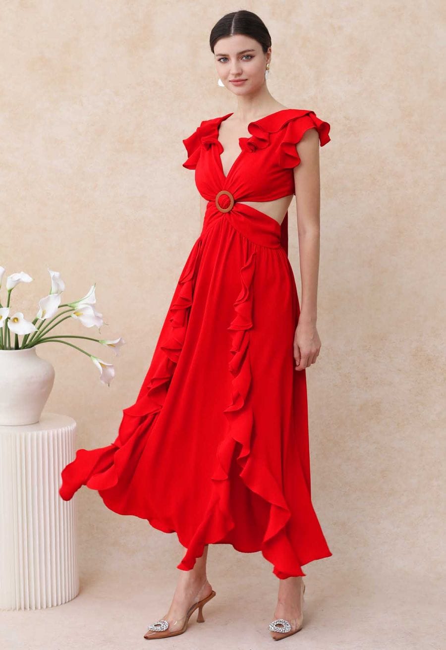 Red Crepe Maxi Dress with O-Ring Detail Red Crepe Maxi Dress with O-Ring Detail — Classy Ruffle Dresses