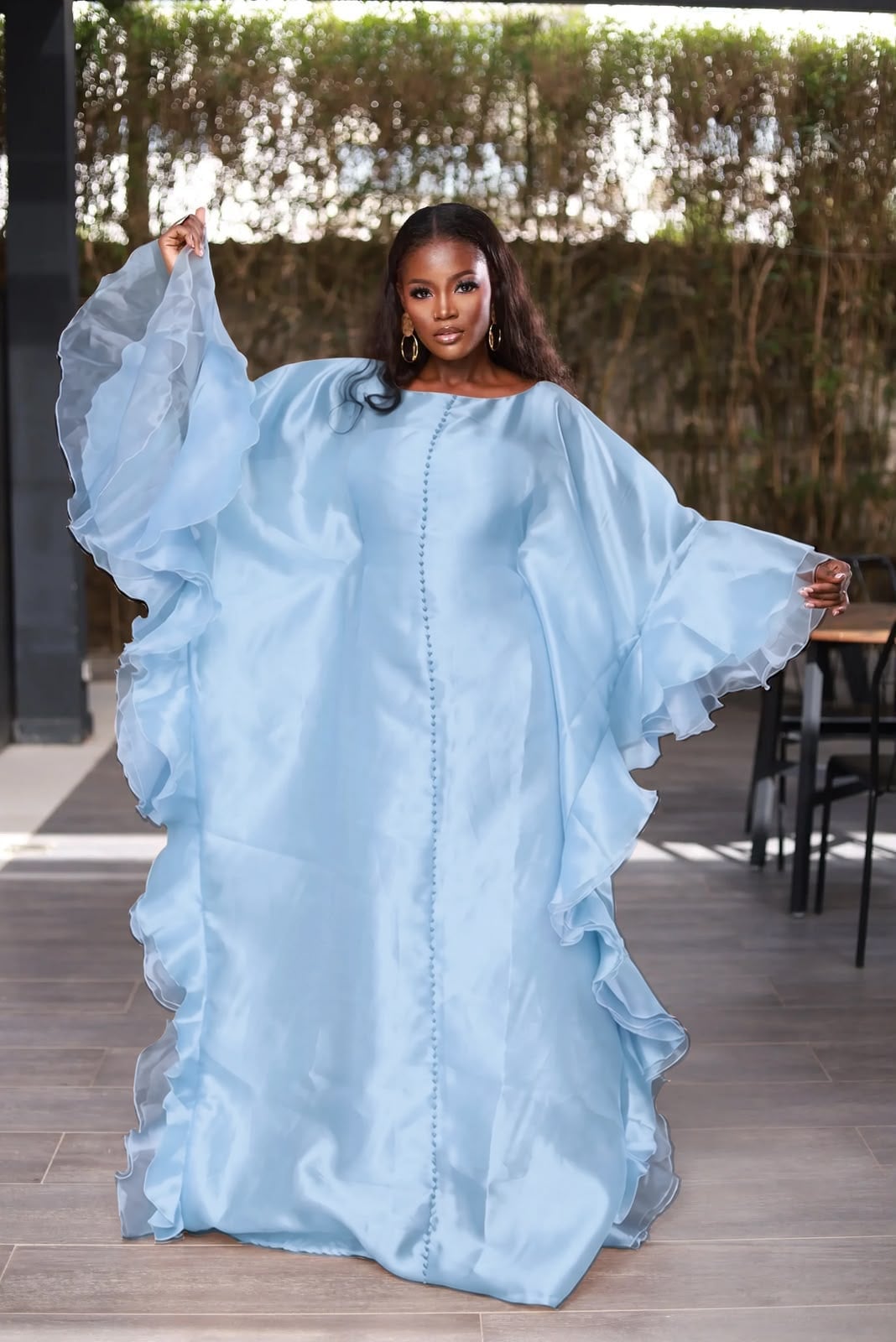 Light Blue Organza Maxi Dress with Ruffle Sleeves Light Blue Organza Maxi Dress with Ruffle Sleeves — Classy Ruffle Dresses