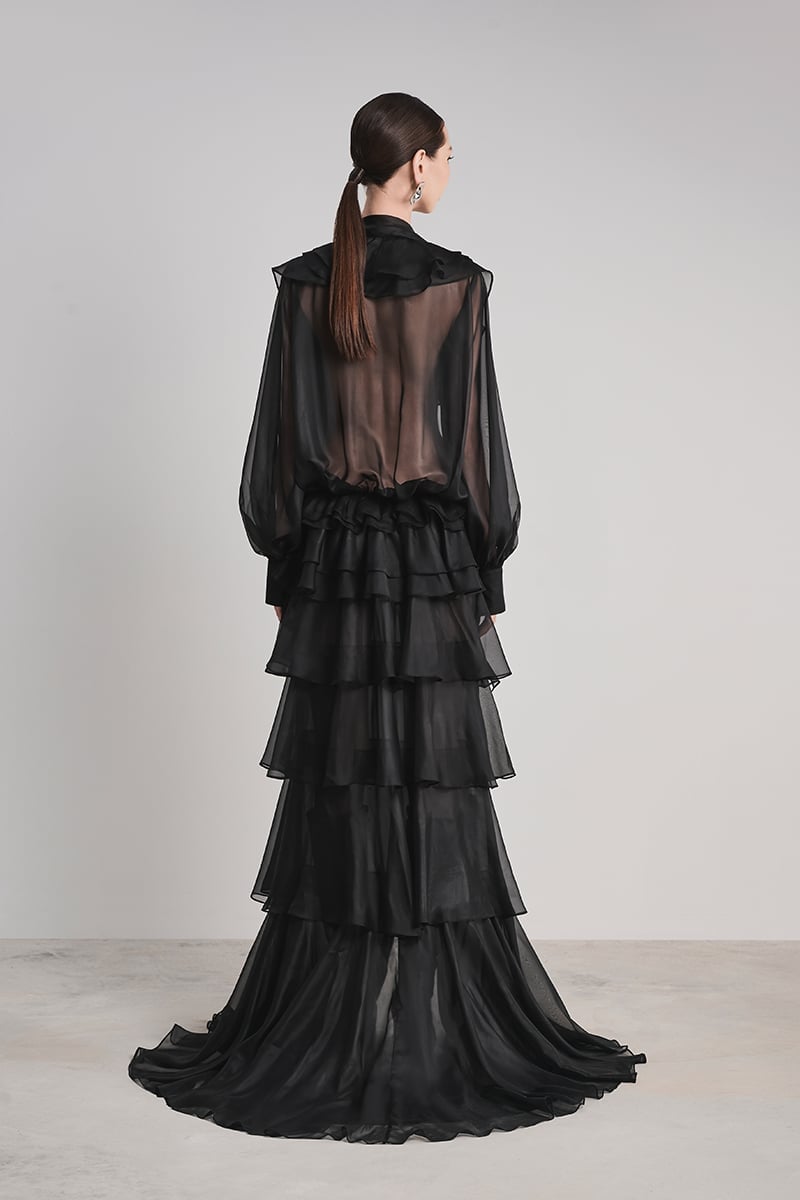 Black Sheer Chiffon Maxi Dress with Tiered Ruffles, A-Line Black Sheer Chiffon Maxi Dress with Tiered Ruffles, A-Line — Classy Ruffle Dresses