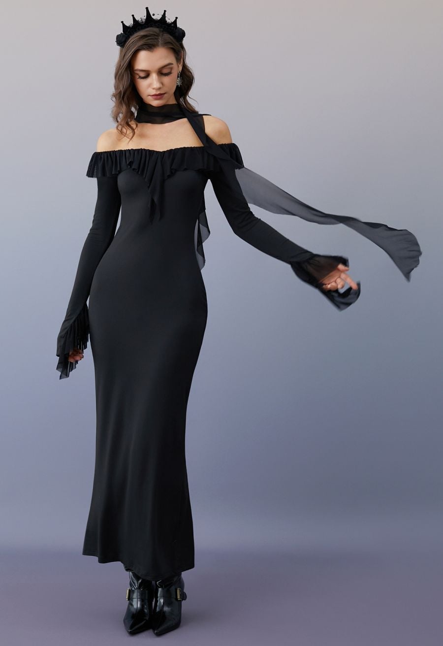 Black Fitted Maxi Dress with Bell Sleeves and Scarf Black Fitted Maxi Dress with Bell Sleeves and Scarf — Classy Ruffle Dresses