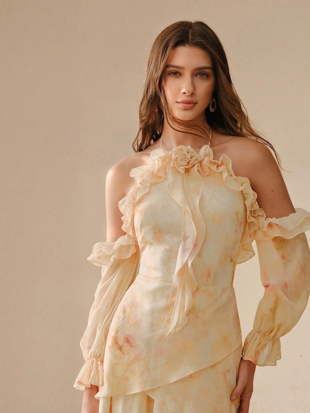 Pale Yellow Floral Midi Dress with Ruffle Collar Pale Yellow Floral Midi Dress with Ruffle Collar — Classy Ruffle Dresses