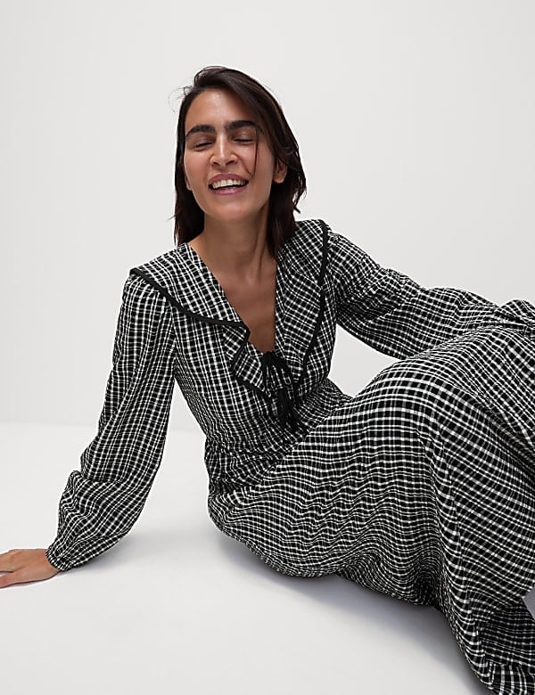 Checked Midi Dress with Ruffled Collar Checked Midi Dress with Ruffled Collar — Classy Ruffle Dresses