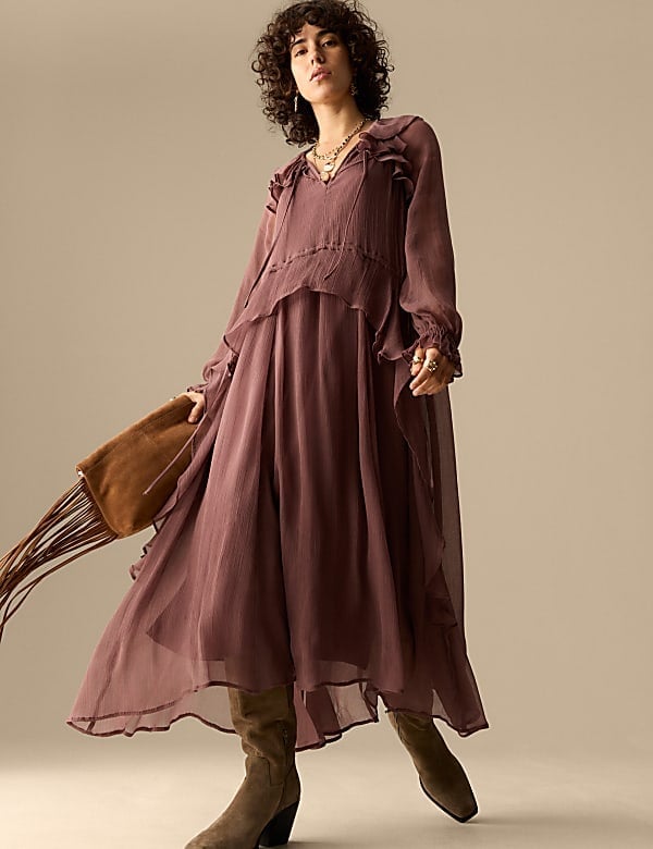Mauve Chiffon Maxi Dress with Flowing Ruffled, Office-Safe Version Mauve Chiffon Maxi Dress with Flowing Ruffled, Office-Safe Version — Classy Ruffle Dresses