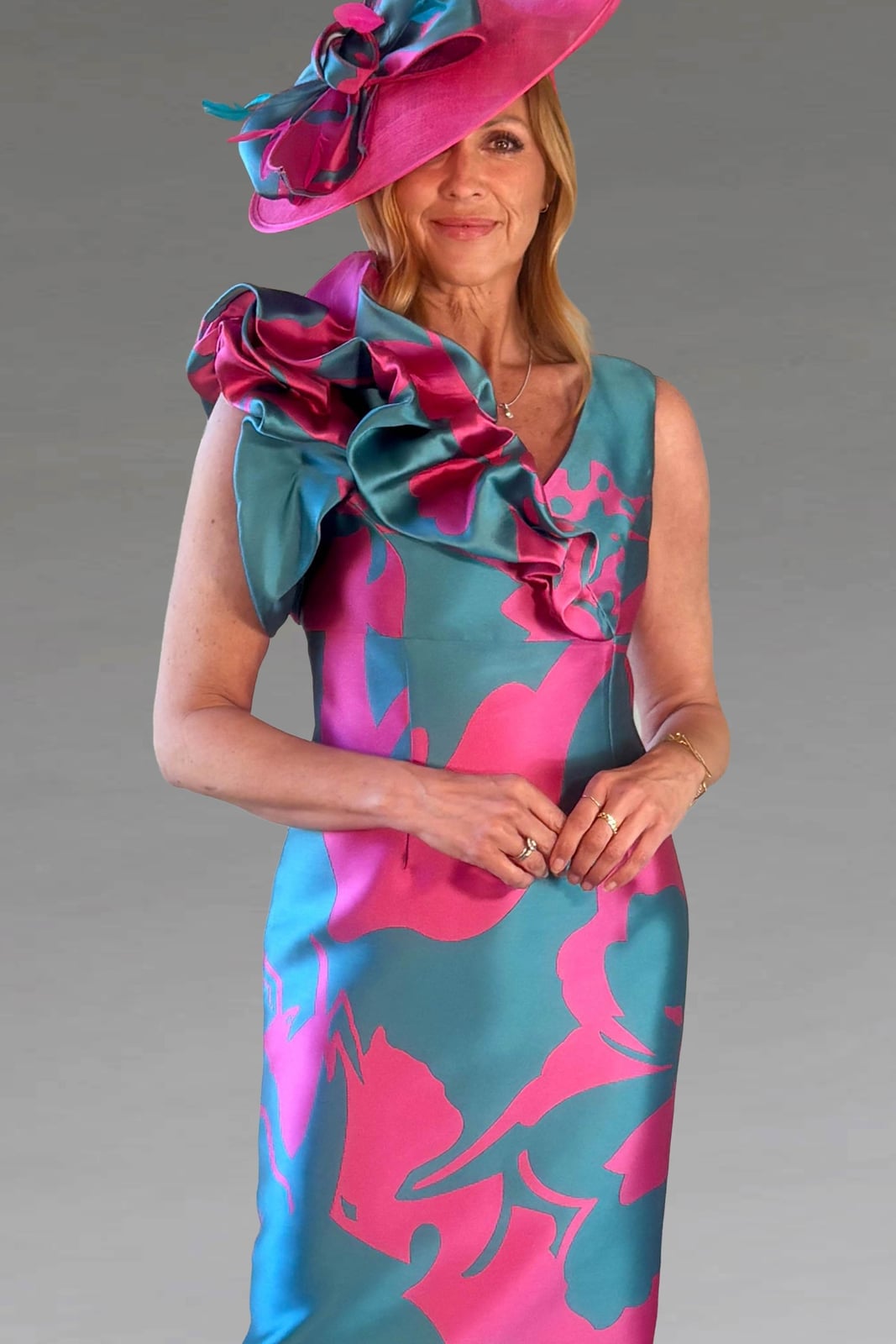 Teal and Pink Dress with Oversized Ruffle Shoulder, Close-Up Take Teal and Pink Dress with Oversized Ruffle Shoulder, Close-Up Take — Classy Ruffle Dresses