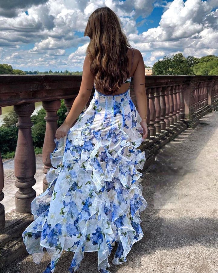 Blue and White Floral Maxi Dress with Ruffled, Office-Safe Version Blue and White Floral Maxi Dress with Ruffled, Office-Safe Version — Classy Ruffle Dresses