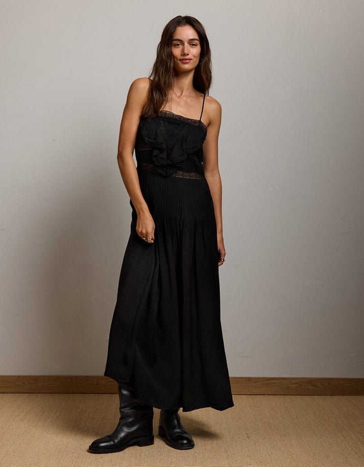 Black Lace Ruffle Bodice Maxi Dress Black Lace Ruffle Bodice Maxi Dress — Classy Ruffle Dresses