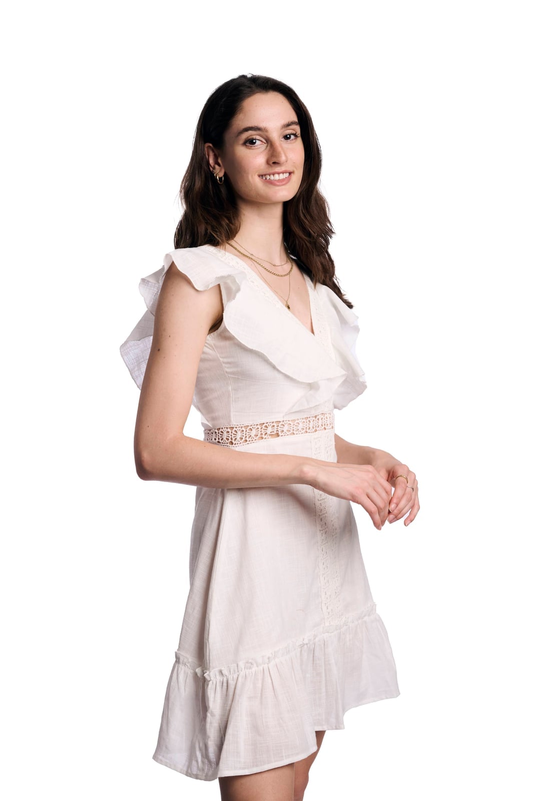 White Linen Blend Mini Dress with Ruffled Details White Linen Blend Mini Dress with Ruffled Details — Classy Ruffle Dresses
