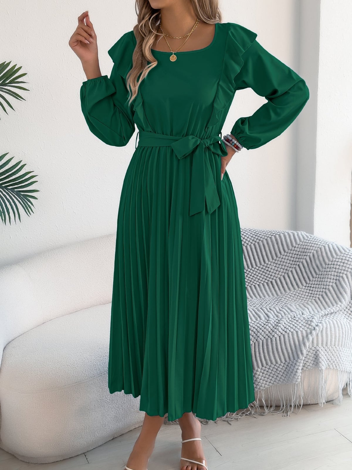 Deep Green Midi Dress with Pleated Skirt and Tie Waist Deep Green Midi Dress with Pleated Skirt and Tie Waist — Classy Ruffle Dresses
