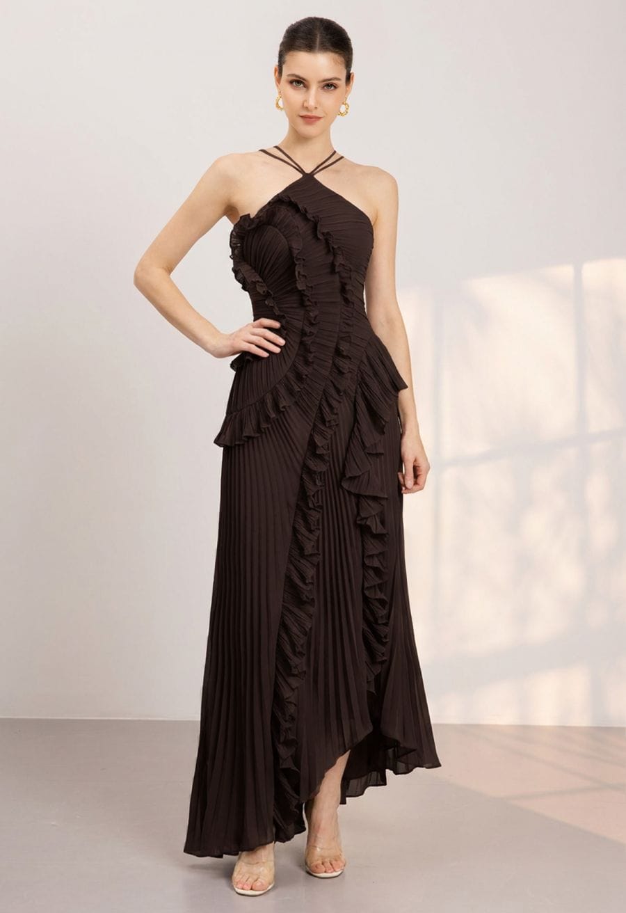 Dark Brown Pleated Maxi Dress with Cascading Ruffles Dark Brown Pleated Maxi Dress with Cascading Ruffles — Classy Ruffle Dresses