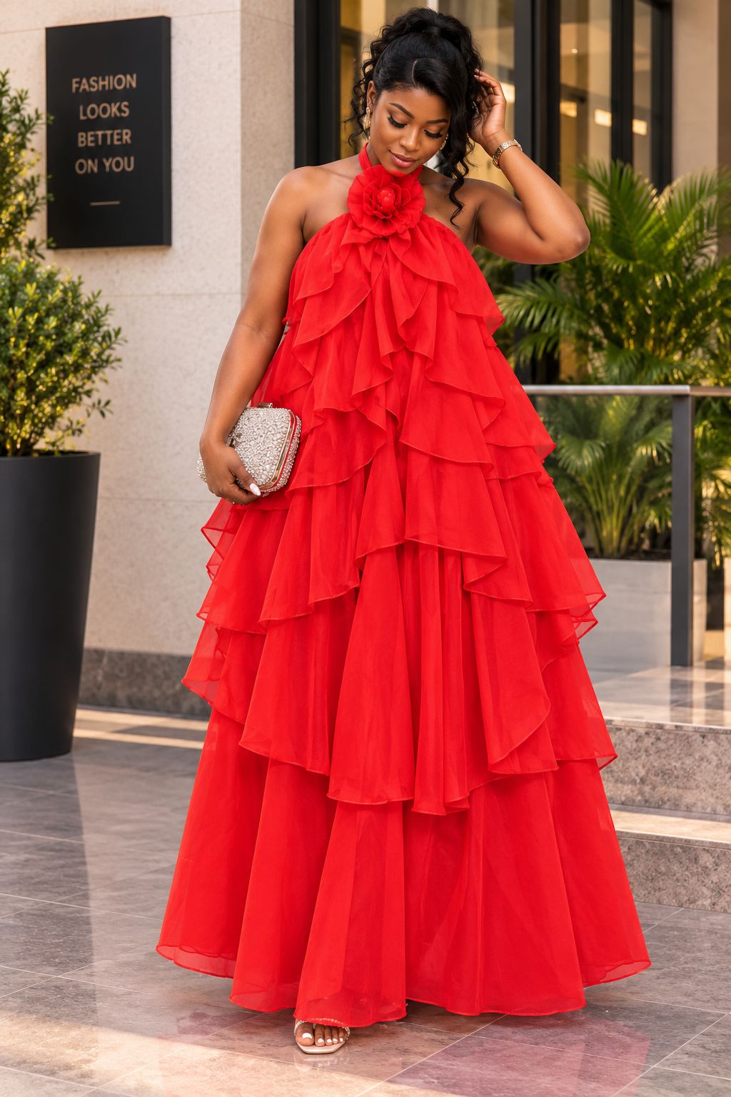 Bright Red Chiffon Maxi Dress with Tiered Ruffles Bright Red Chiffon Maxi Dress with Tiered Ruffles — Classy Ruffle Dresses