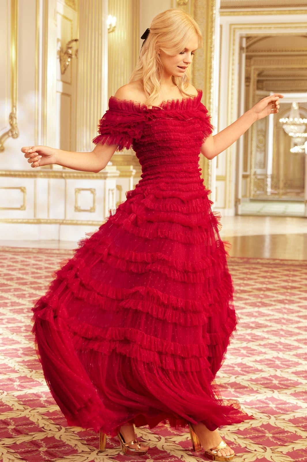 Vibrant Red Off-Shoulder Ruffled Gown Vibrant Red Off-Shoulder Ruffled Gown — Classy Ruffle Dresses
