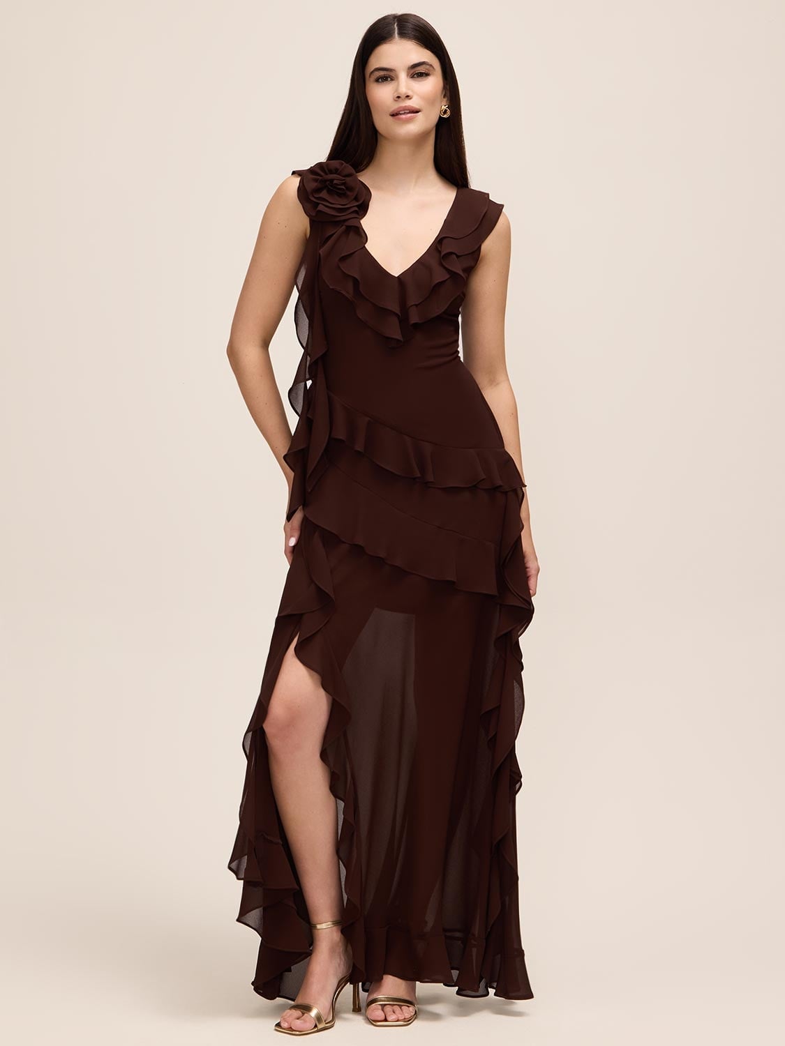 Dark Brown Chiffon Maxi Dress with Ruffle Flower Detail Dark Brown Chiffon Maxi Dress with Ruffle Flower Detail — Classy Ruffle Dresses