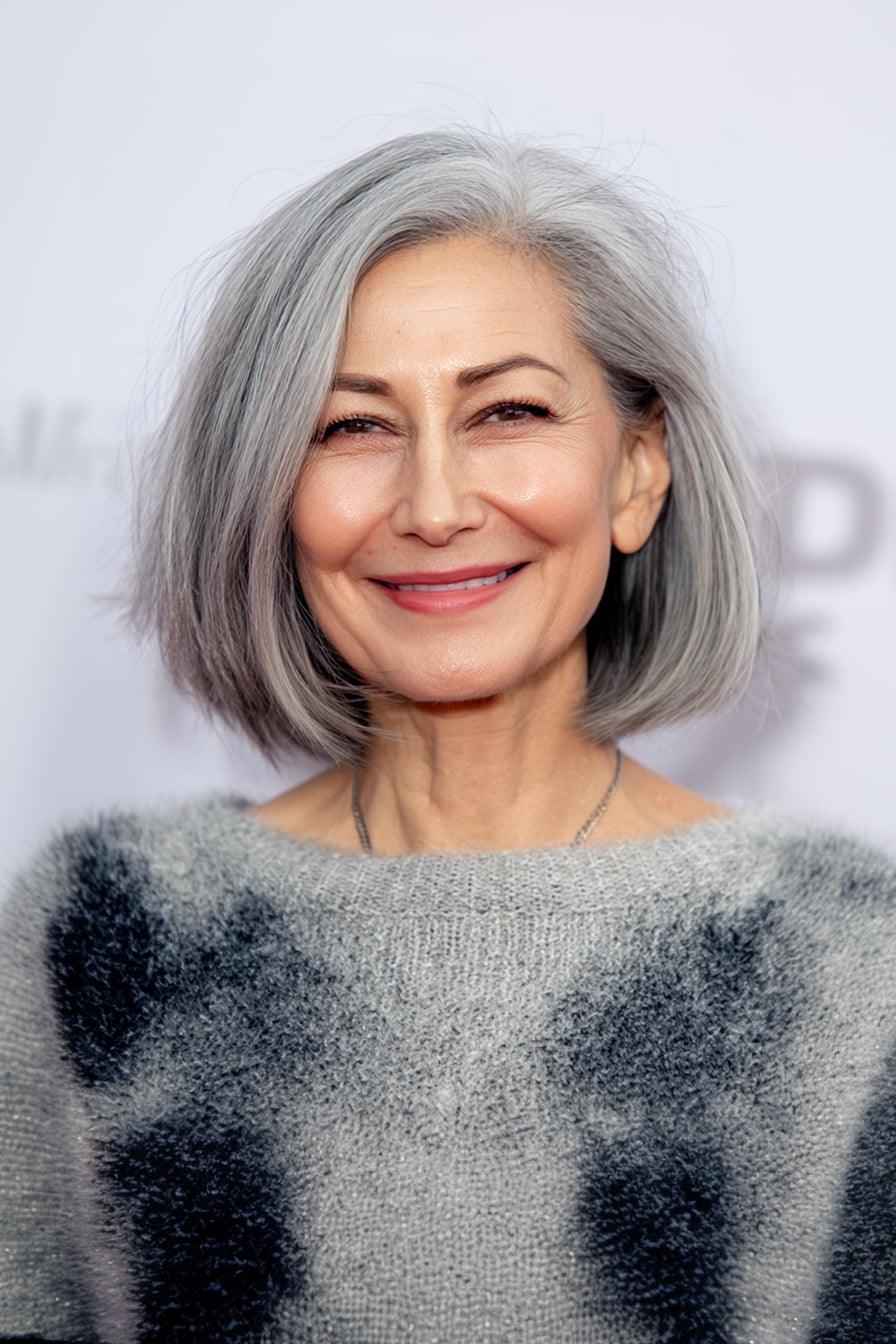 Smooth Collarbone Bob With Middle Part Smooth Collarbone Bob With Middle Part — Classy Salt and Pepper Hair