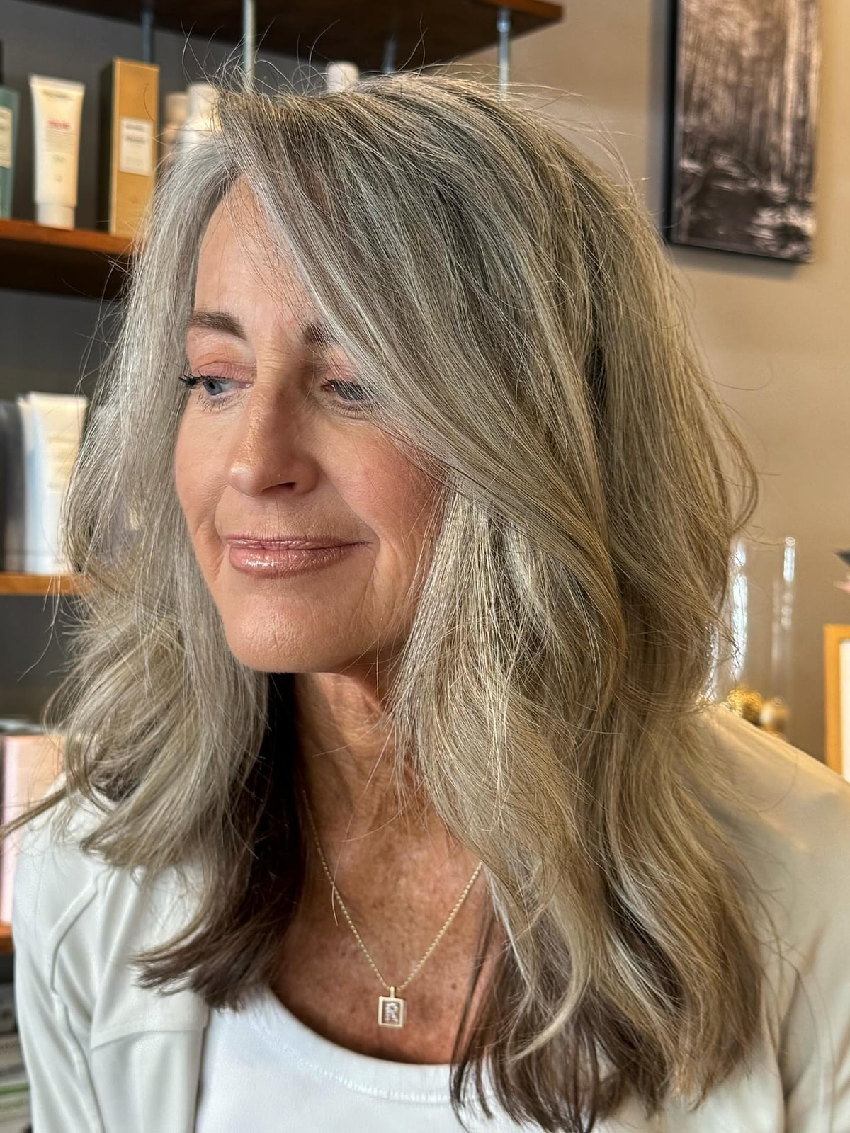 Wavy Lob With Curtain Bangs and Blonde Highlights Wavy Lob With Curtain Bangs and Blonde Highlights — Classy Salt and Pepper Hair